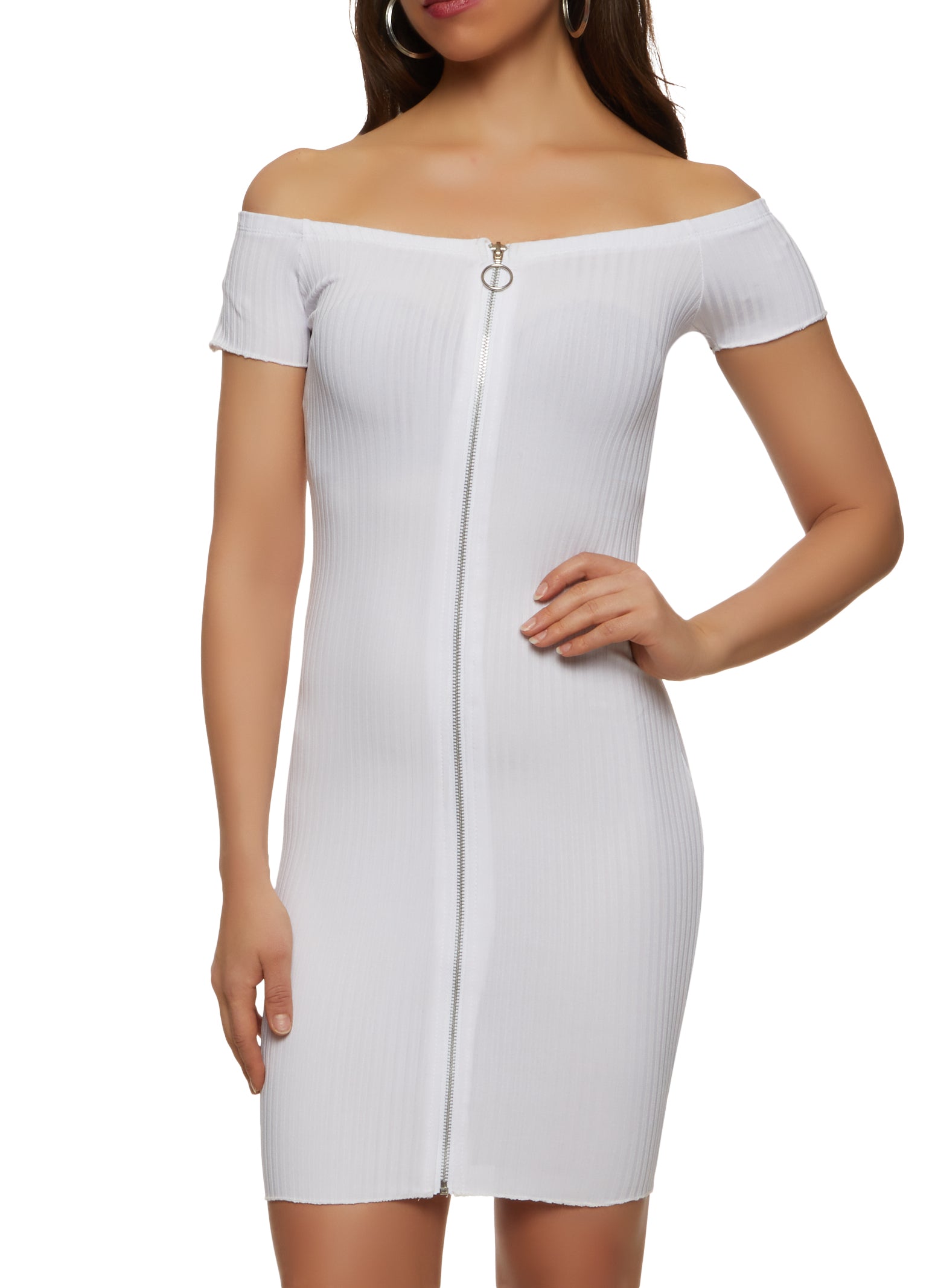 Womens Ribbed Zip Front Off the Shoulder Dress, White, Size M