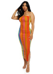 Strapless Slit Striped Print Sleeveless Tube Maxi Dress