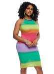 Sleeveless High-Neck Striped Print Knit Bodycon Dress/Midi Dress
