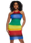 High-Neck Striped Print Sleeveless Knit Bodycon Dress/Midi Dress
