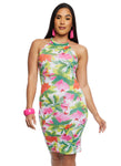 High-Neck Sleeveless Knit Ruched Tropical Print Bodycon Dress/Midi Dress