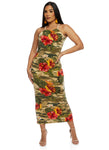 Keyhole Camouflage Floral Print Sleeveless Spaghetti Strap Halter Maxi Dress