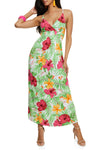 V-neck Smocked Floral Tropical Print Elasticized Waistline Sleeveless Dress