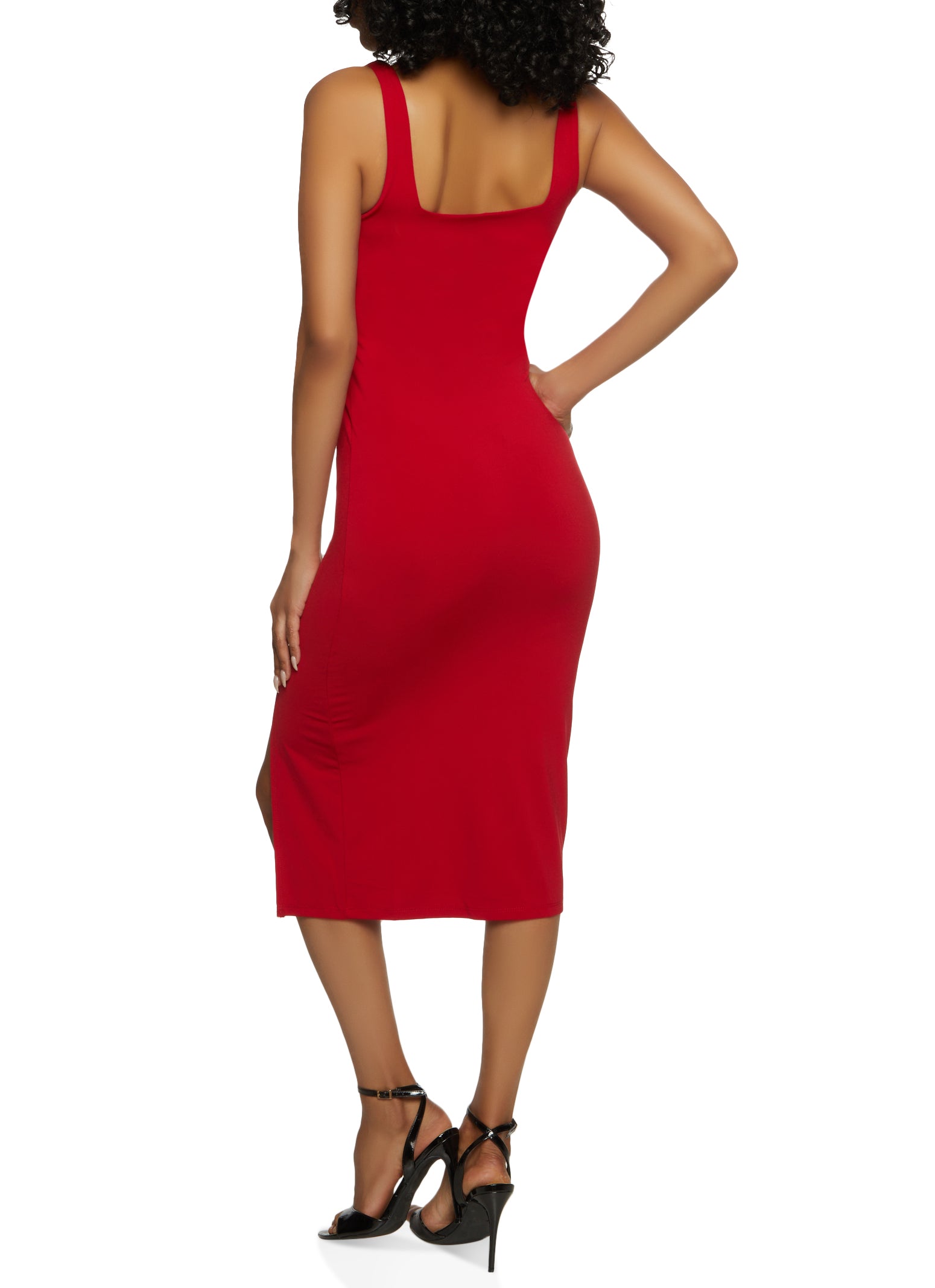 Womens Side Slit Square Neck Tank Midi Dress, Red, Size M