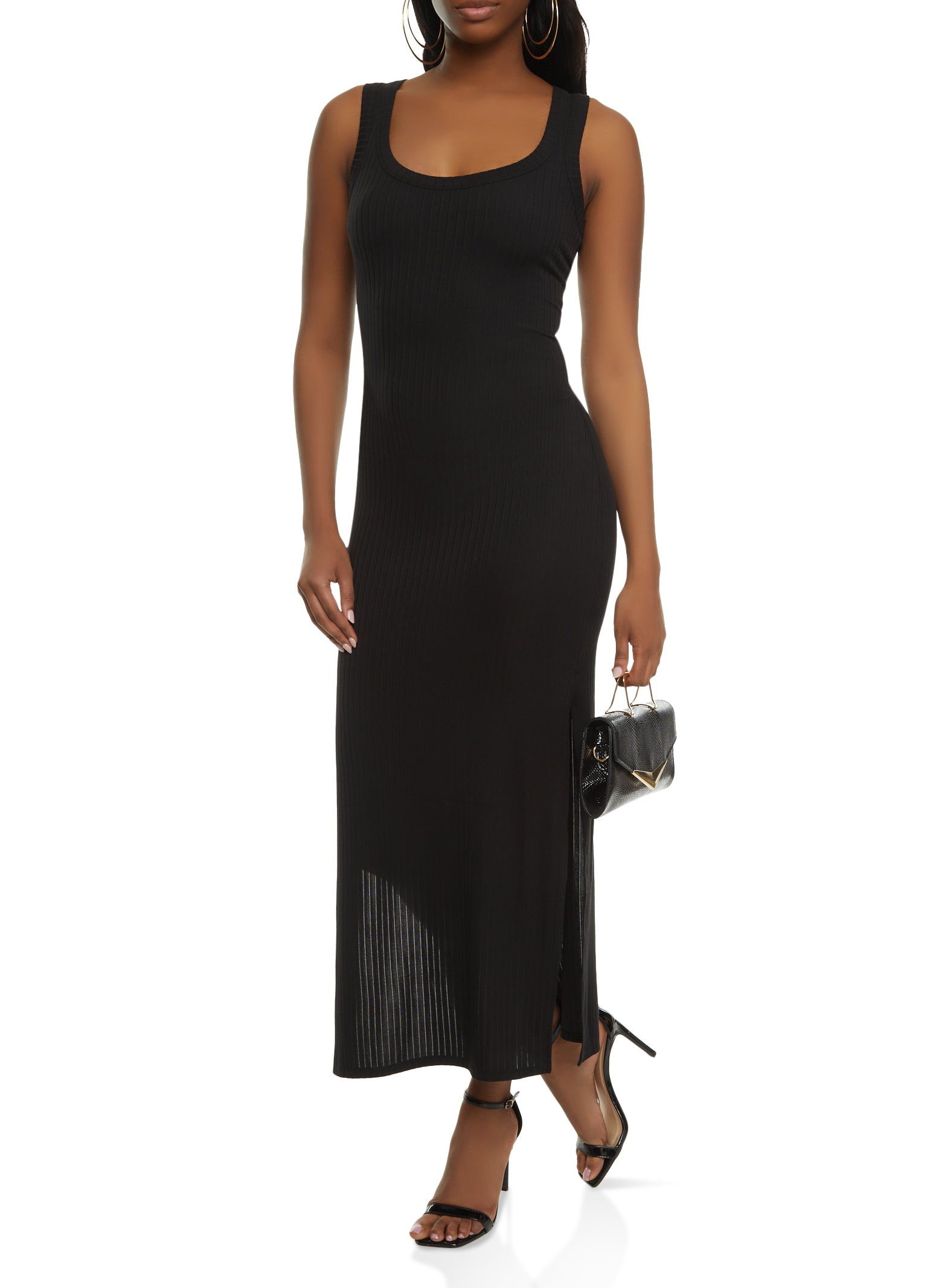 Womens Ribbed Knit Side Slit Maxi Tank Dress,