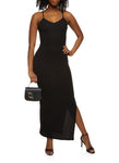 V-neck Sleeveless Spaghetti Strap Knit Ribbed Slit Maxi Dress