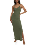 V-neck Sleeveless Spaghetti Strap Knit Ribbed Slit Maxi Dress