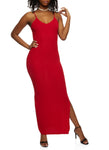 V-neck Knit Ribbed Slit Sleeveless Spaghetti Strap Maxi Dress