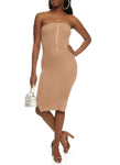 Strapless Sleeveless Sweater Tube Slit Knit Bodycon Dress/Midi Dress With Pearls