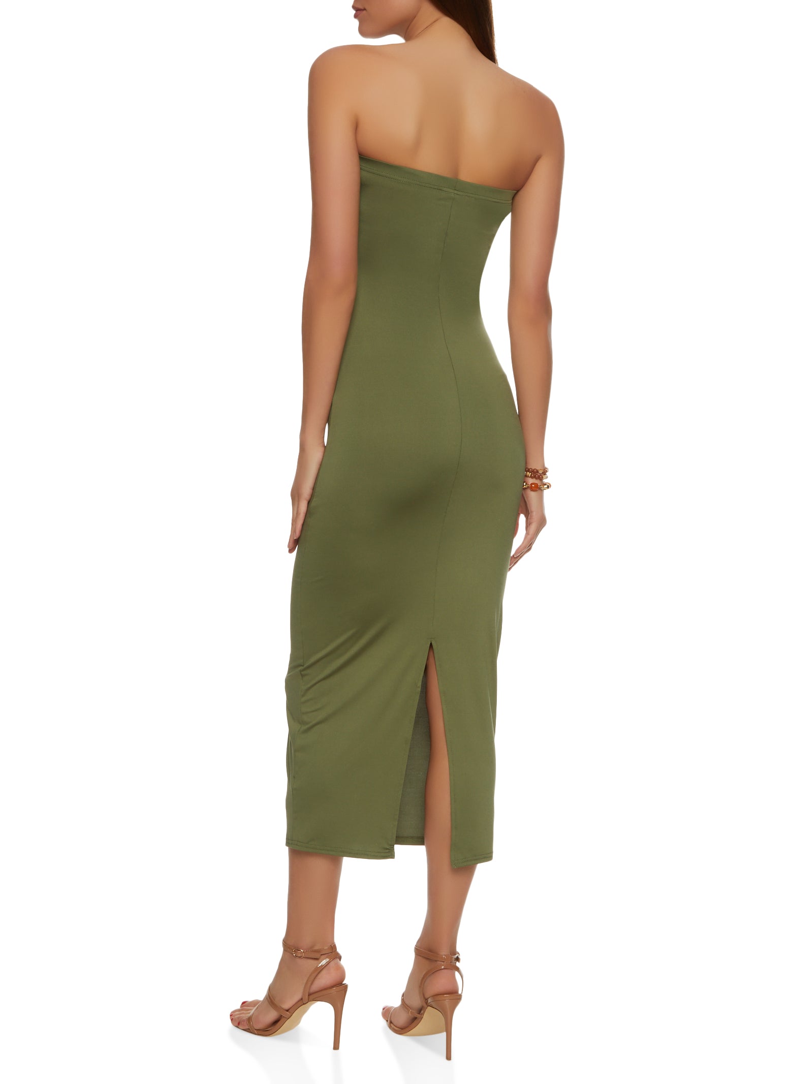 Womens Strapless Back Slit Maxi Dress, Green, Size L