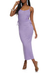 V-neck Ribbed Cutout Ruched Knit Sleeveless Spaghetti Strap Dress