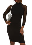 Long Sleeves Ribbed Knit Mock Neck Bodycon Dress/Midi Dress