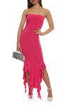 Strapless Tube Sleeveless Ruched Slit Bodycon Dress With Ruffles by Rainbow Shops