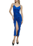 V-neck Sleeveless Ruched Slit Asymmetric Maxi Dress