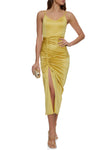 V-neck Sleeveless Slit Asymmetric Ruched Maxi Dress