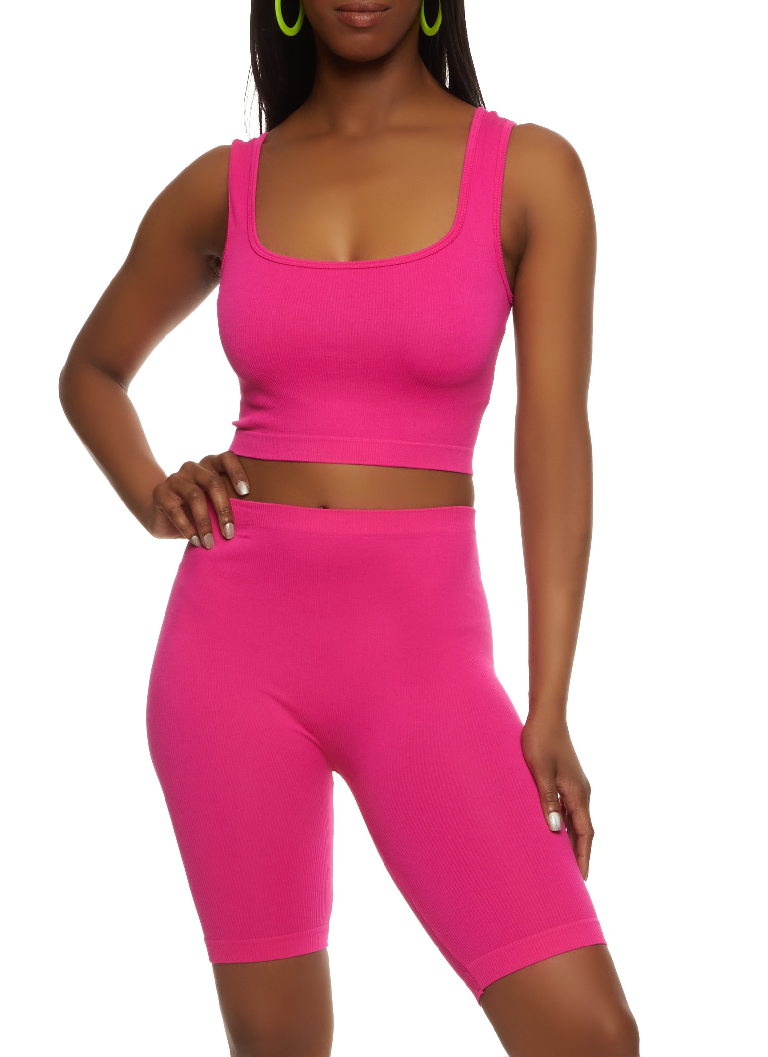 Womens Seamless Square Neck Cropped Tank Top and Biker Shorts, Pink, Size L-XL