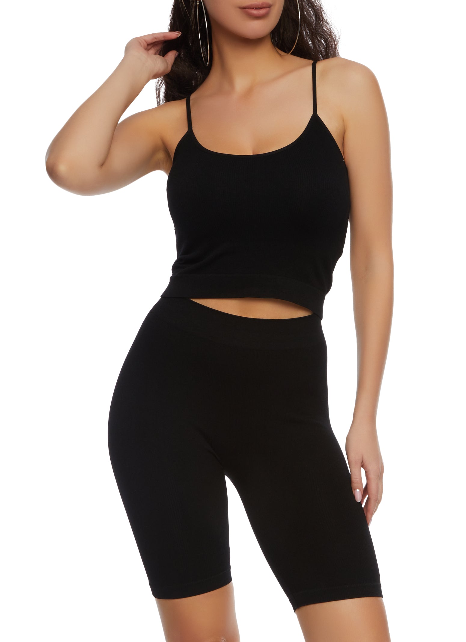 Womens Ribbed Knit Cropped Cami and Bike Shorts Set, Black,