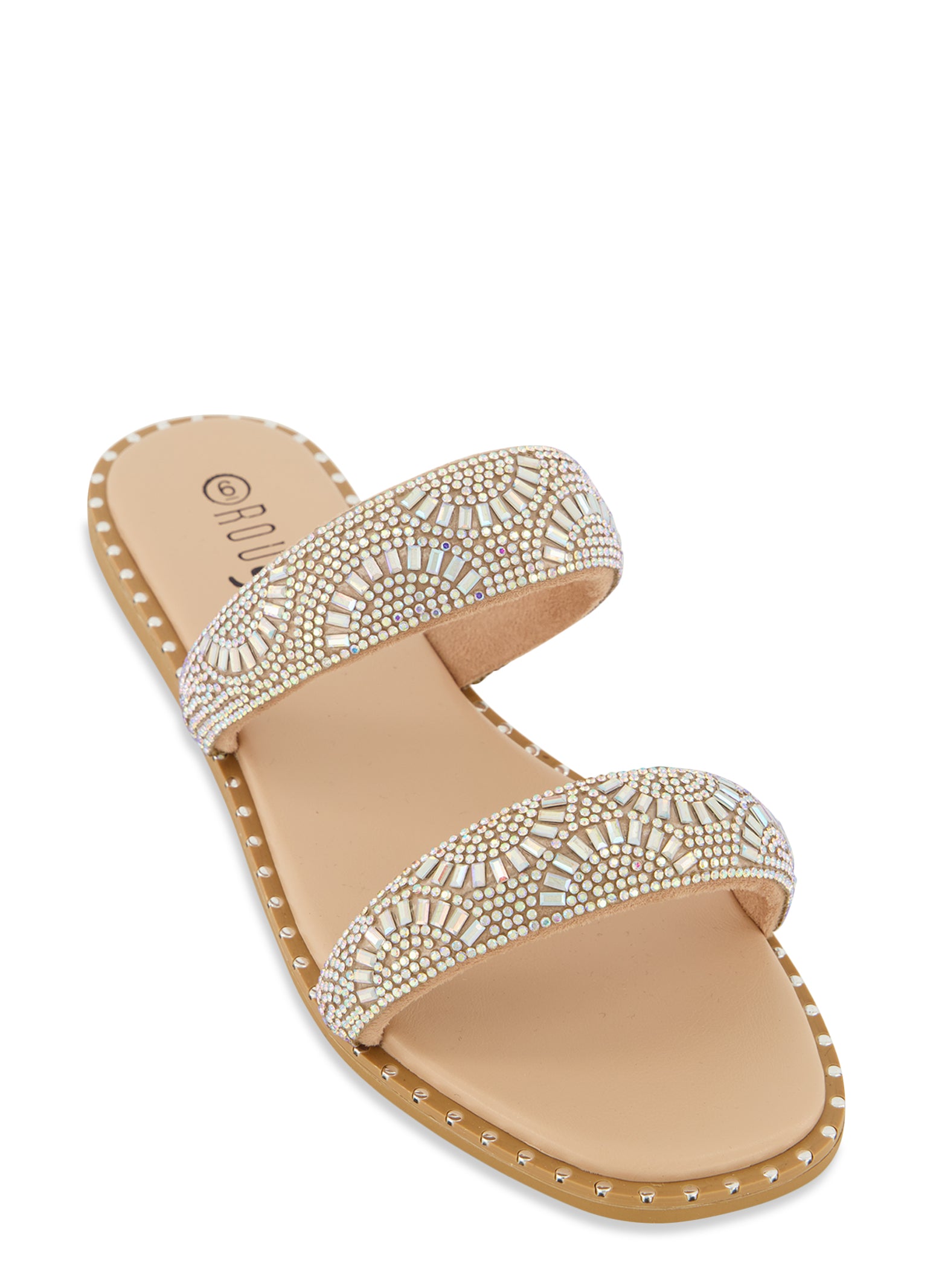 Womens Embellished Double Strap Flat Sandals, Beige, Size 6