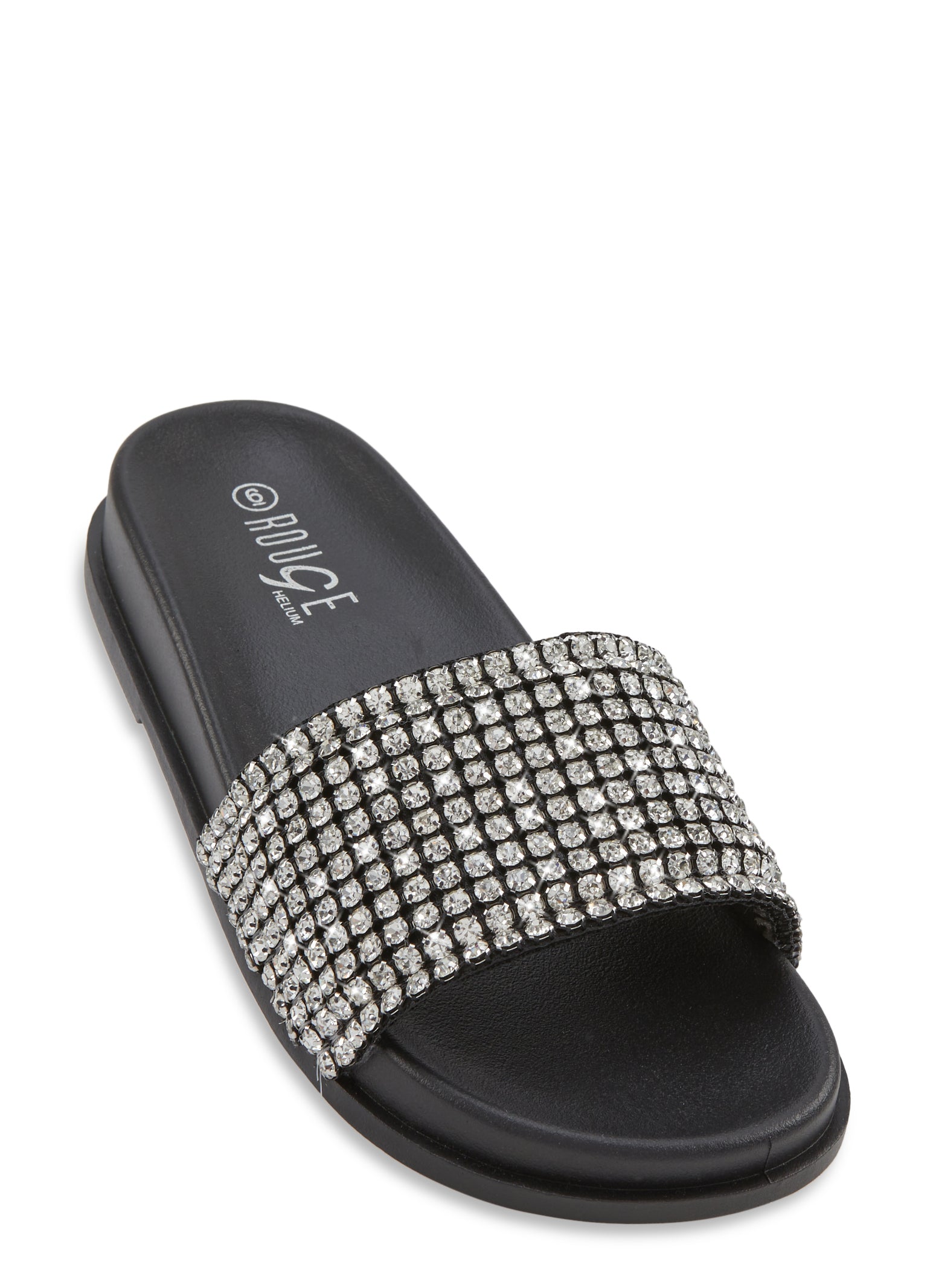 Womens Rhinestone Band Footbed Slide Sandals,