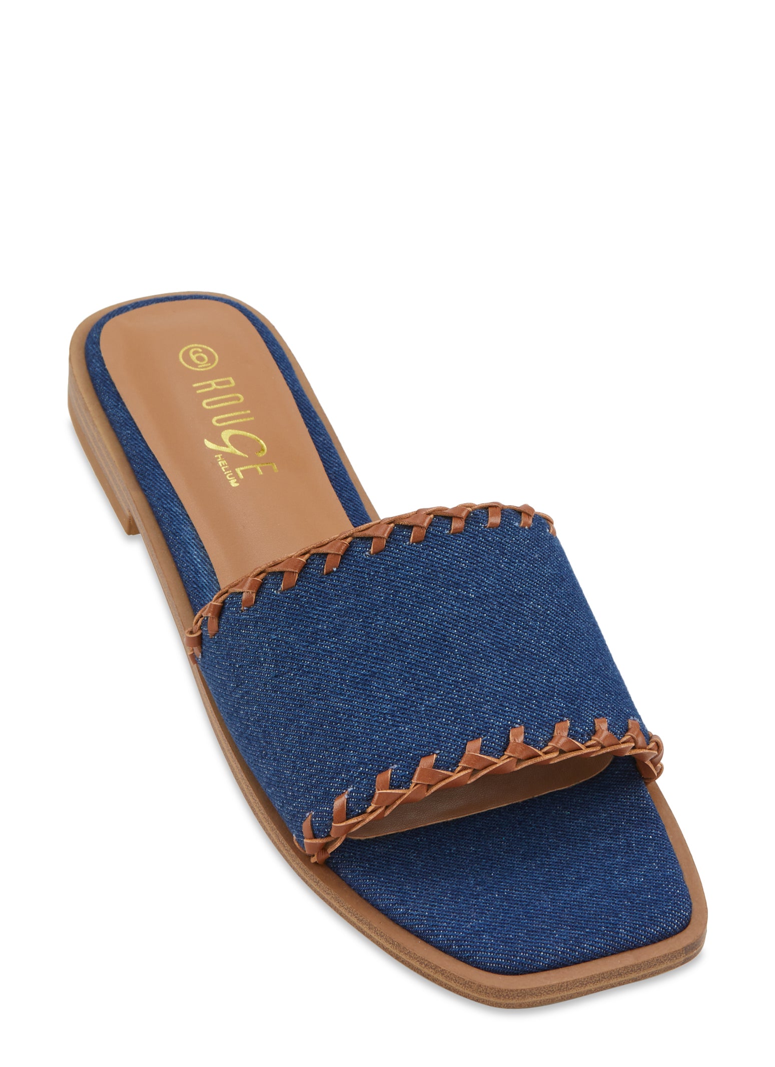 Womens Woven Trim Denim Slide Sandals, Blue,