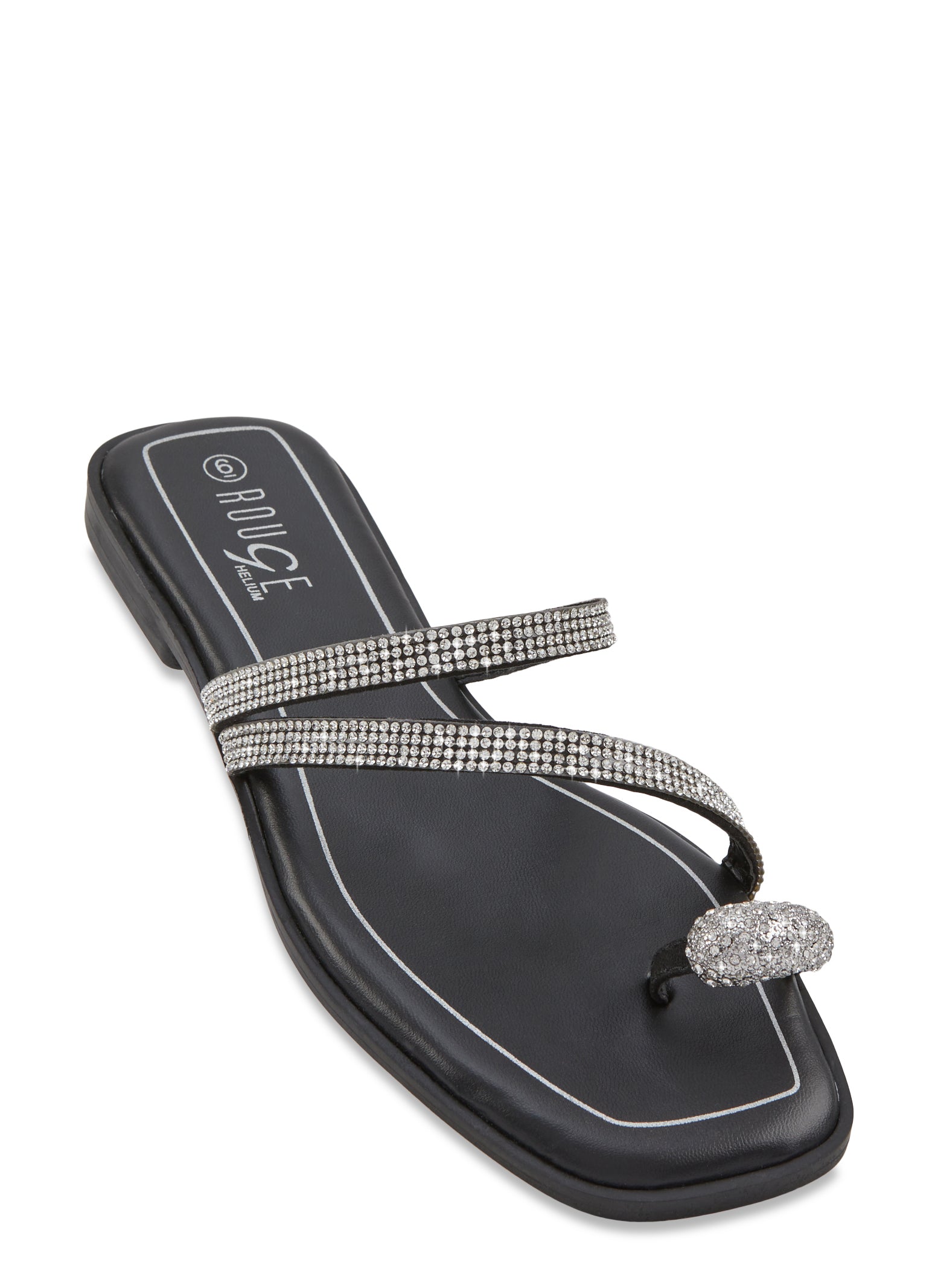 Womens Rhinestone Strap Toe Loop Sandals, Black,