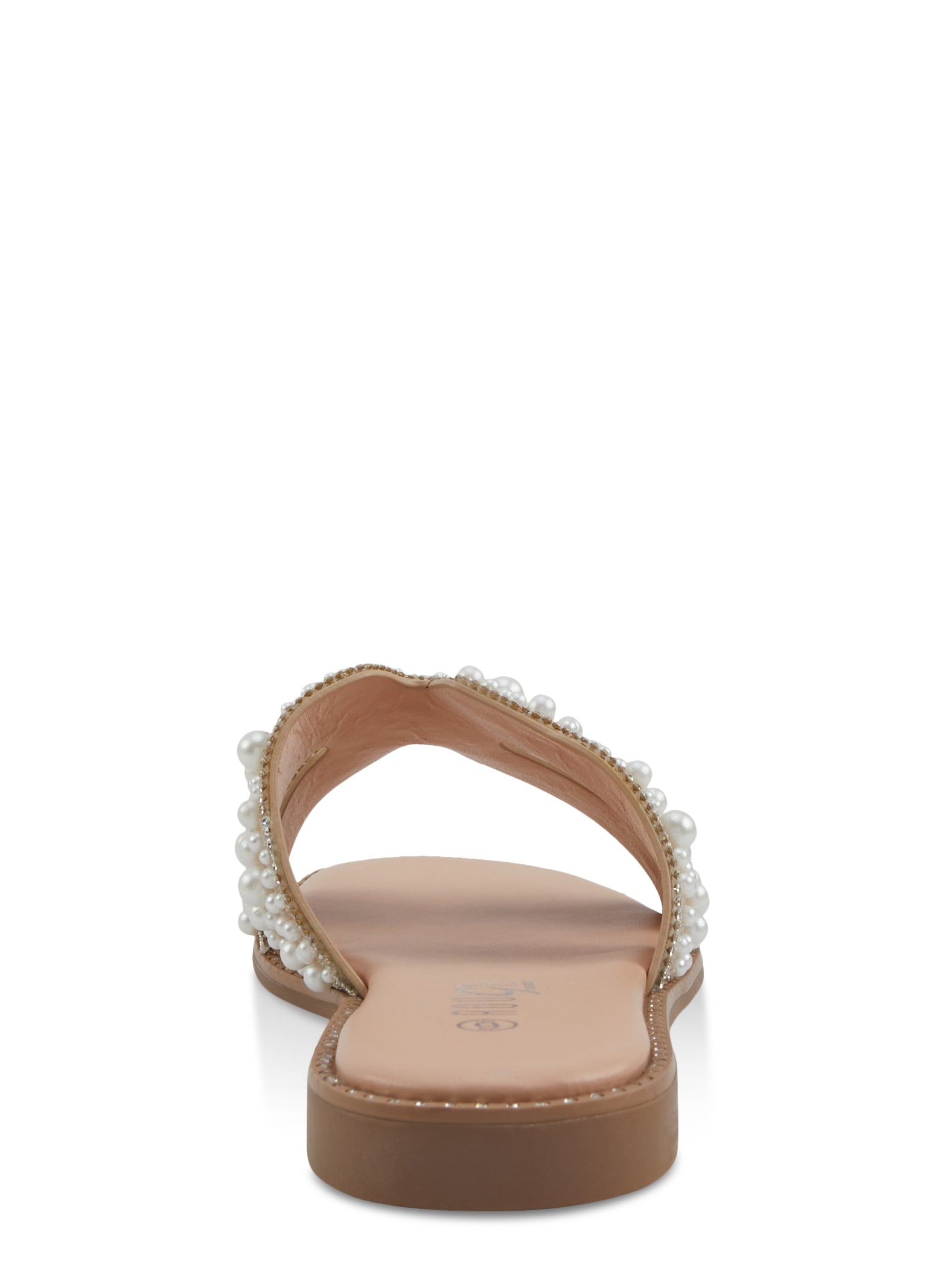 Womens Faux Pearl Studded H Band Slide Sandals, Beige,