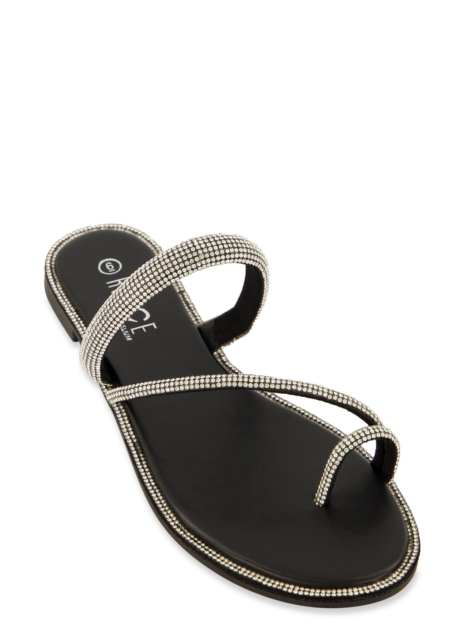 Womens Rhinestone Trim Toe Loop Slide Sandals, Black, Size 9