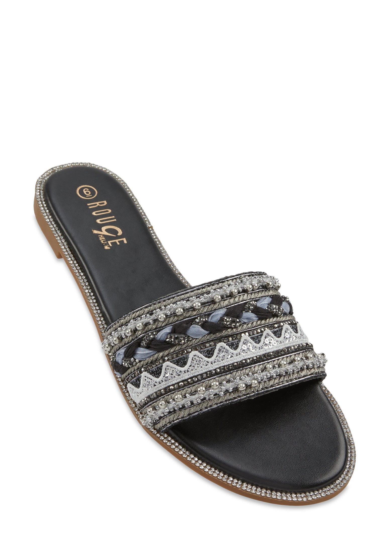 Womens Thread Beaded Flat Slide Sandals, Black, Size 8