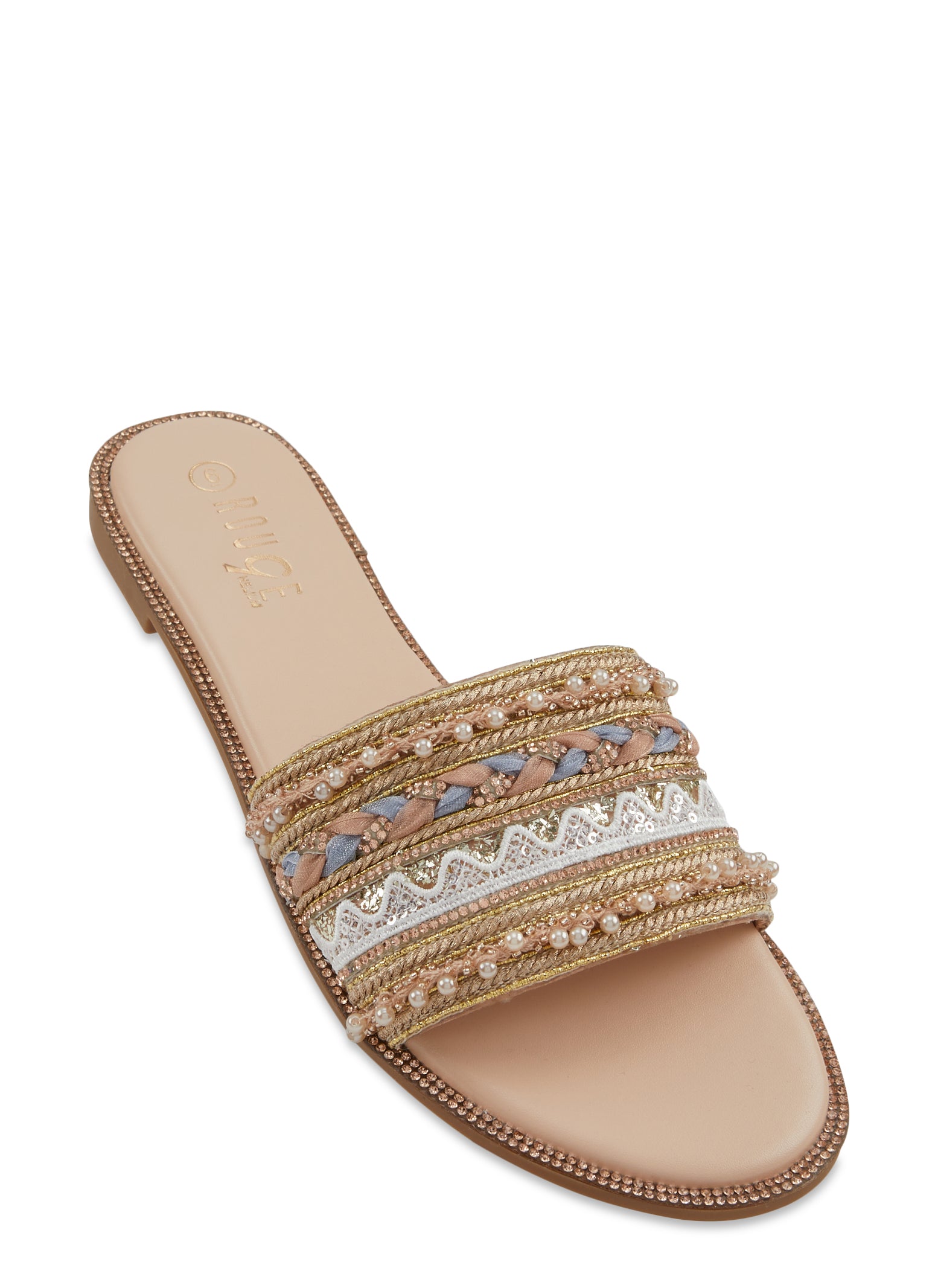 Womens Thread Beaded Flat Slide Sandals,