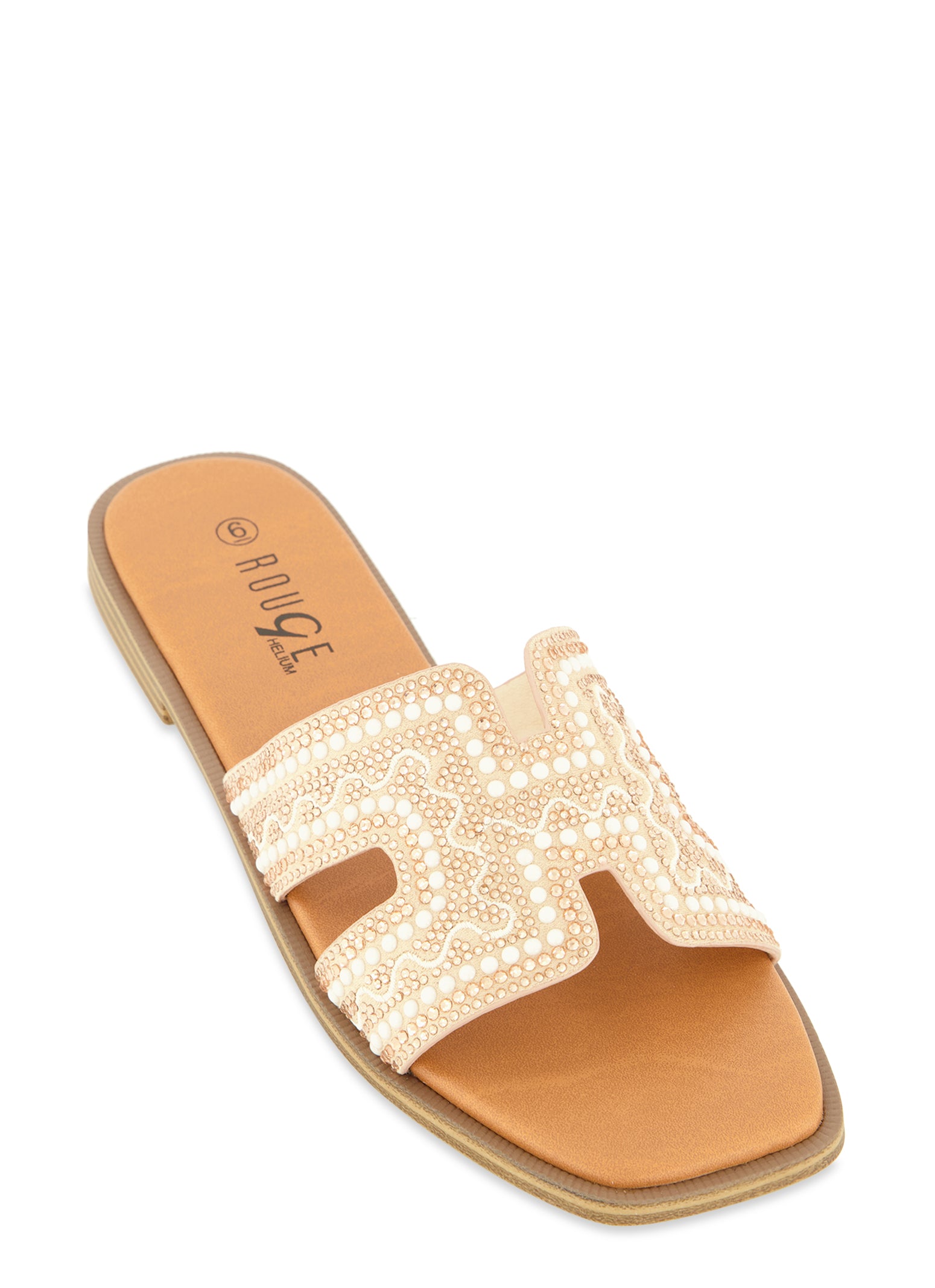 Womens Faux Pearl Cut Out Band Slide Sandals,