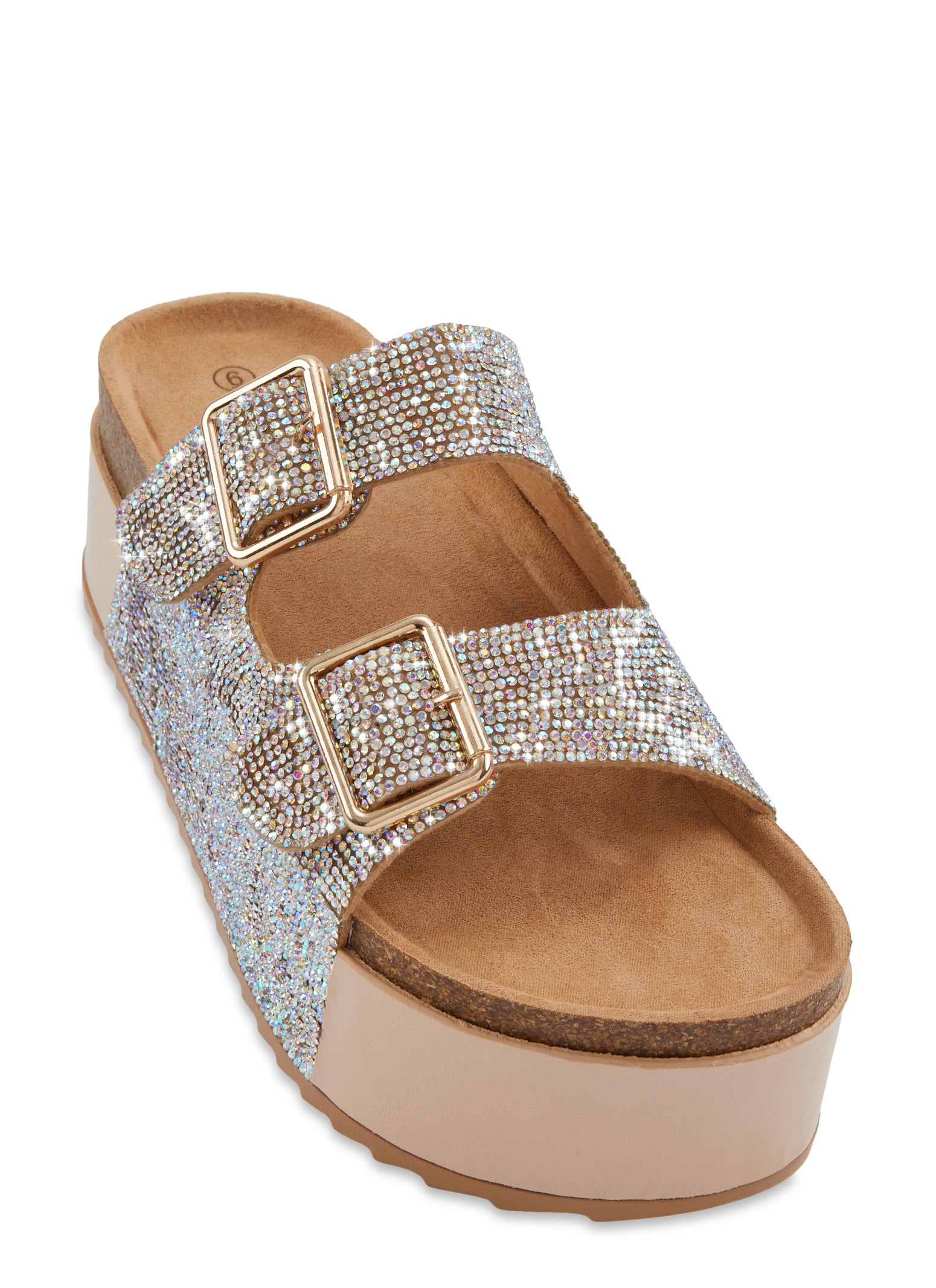 Womens Rhinestone Buckle Platform Footbed Slide Sandals, Beige, Size 10