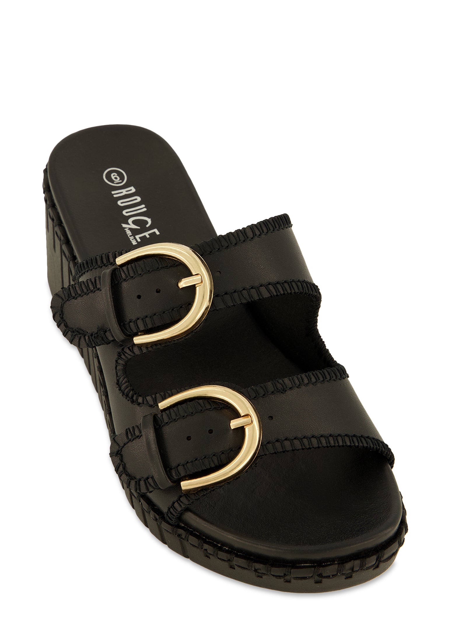 Womens Double Buckle Strap Wedge Slide Sandals,