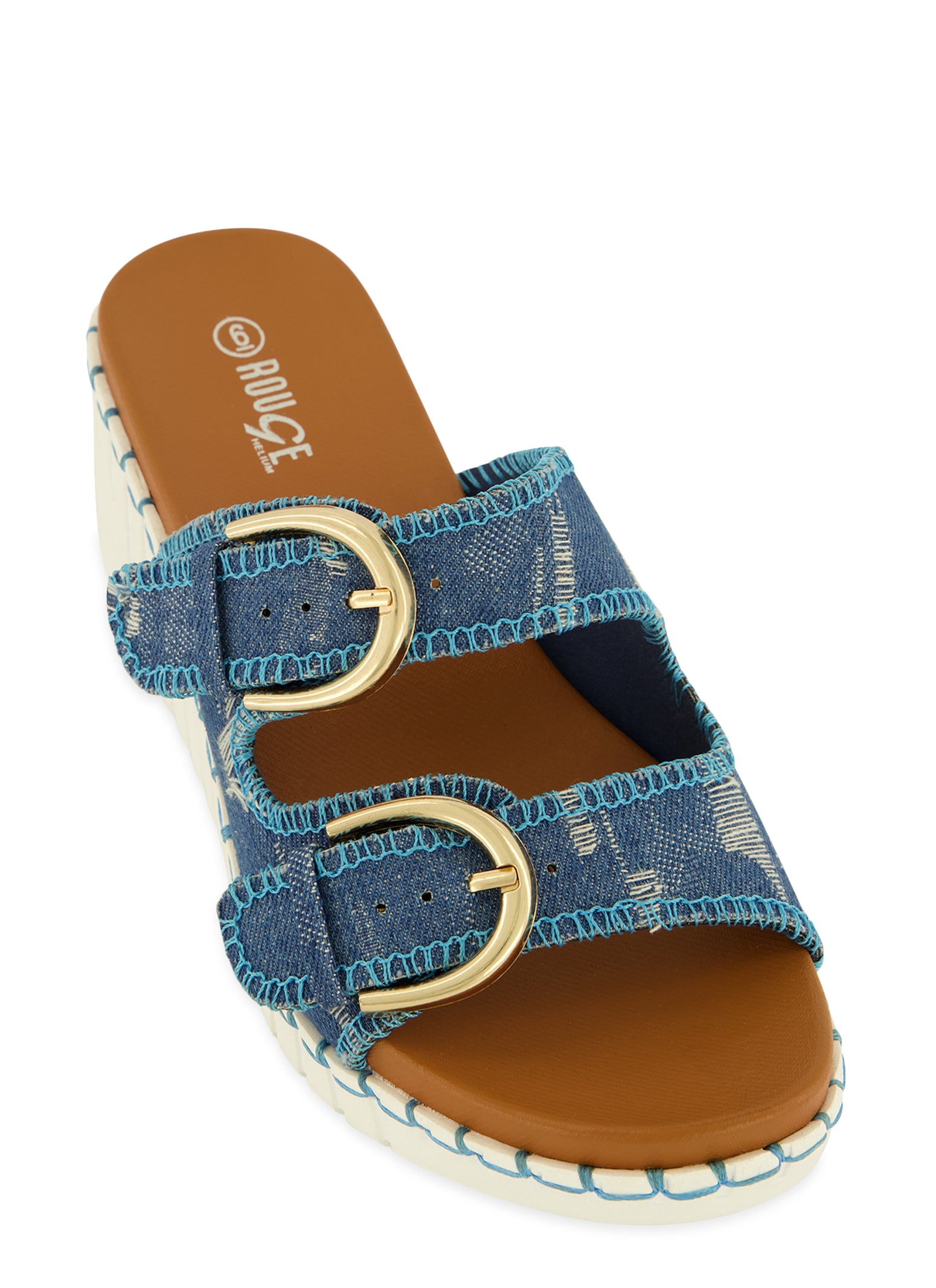 Womens Double Buckle Strap Wedge Slide Sandals, Blue,