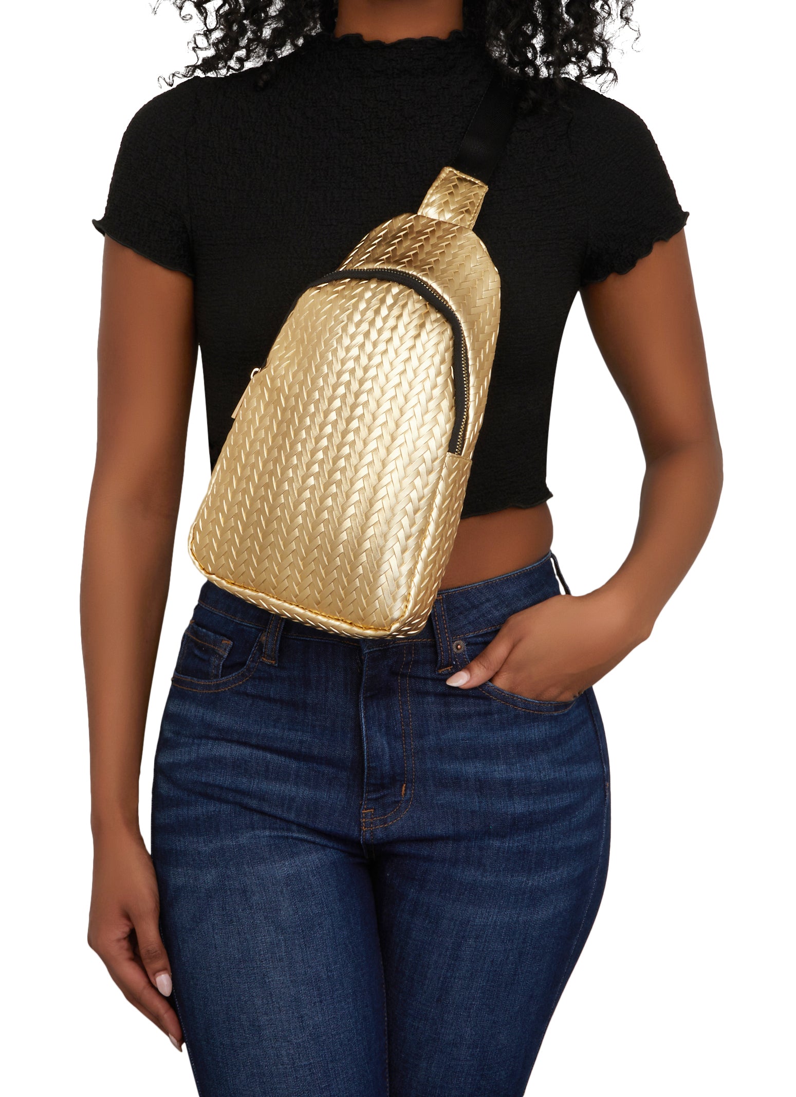 Womens Woven Sling Backpack, Gold