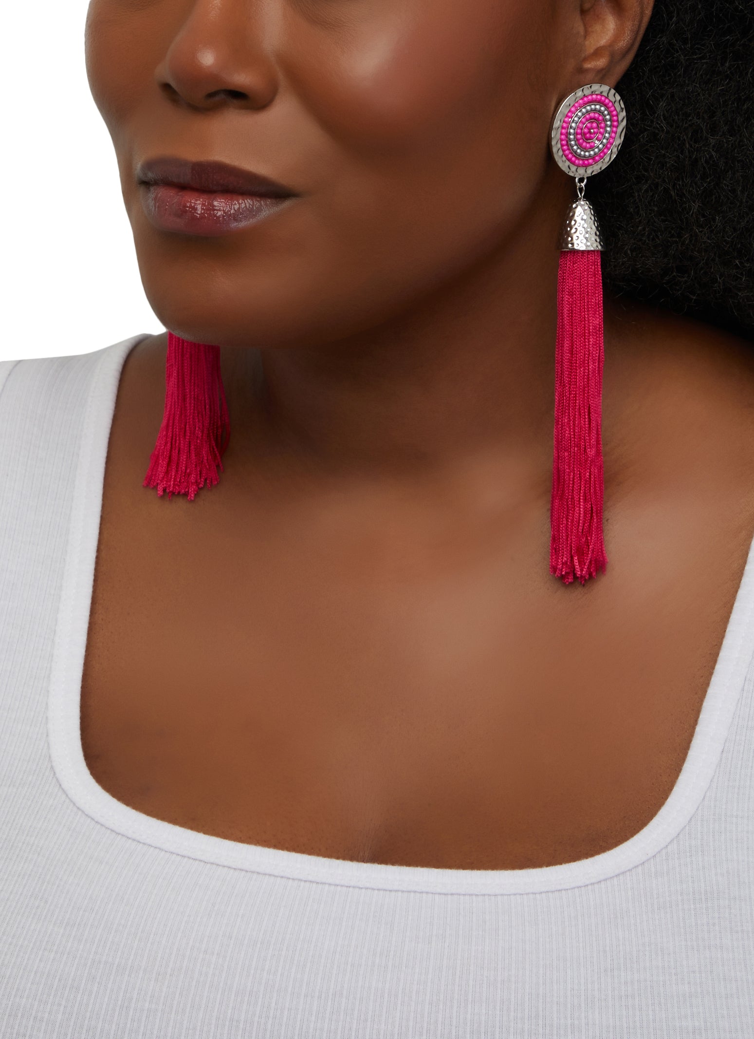 Womens Beaded Tassel Earrings, Pink