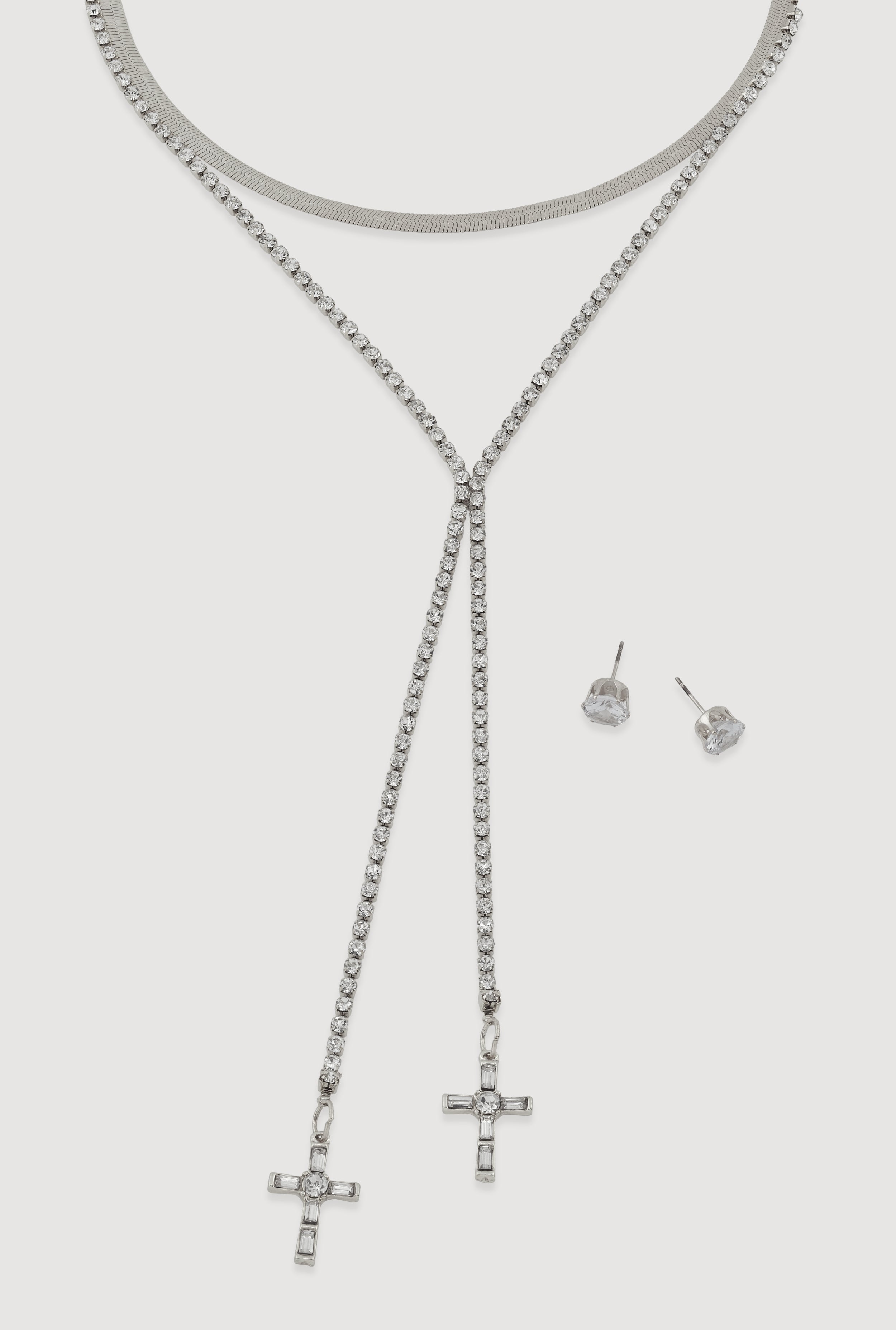 Womens Cross Lariat Necklace and Stud Earrings, Silver