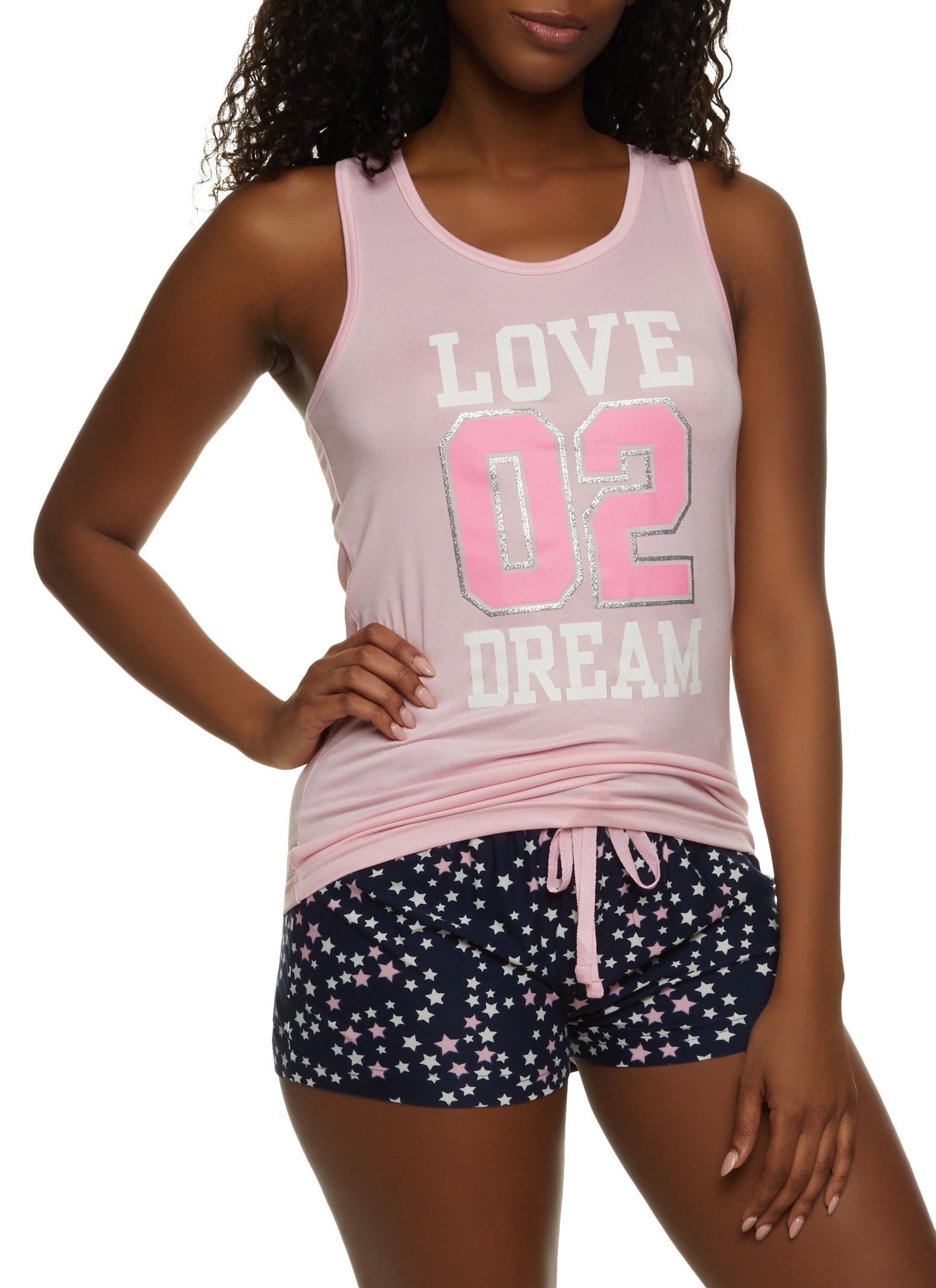 Womens Love 02 Dream Pajama Tank Top and Printed Shorts, Multi, Size L