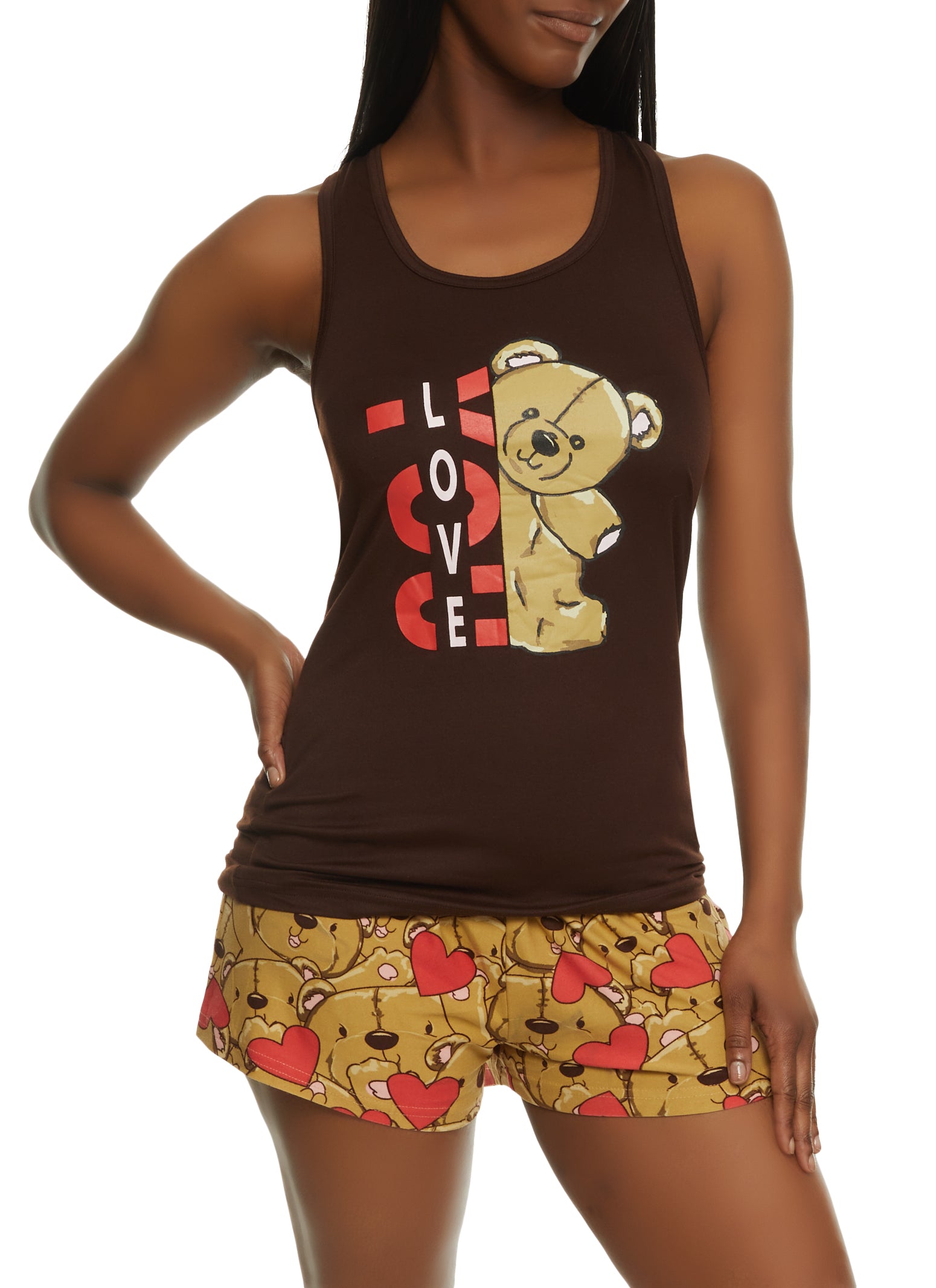 Womens Love You Bear Pajama Tank Top and Shorts Set, Brown, Size S