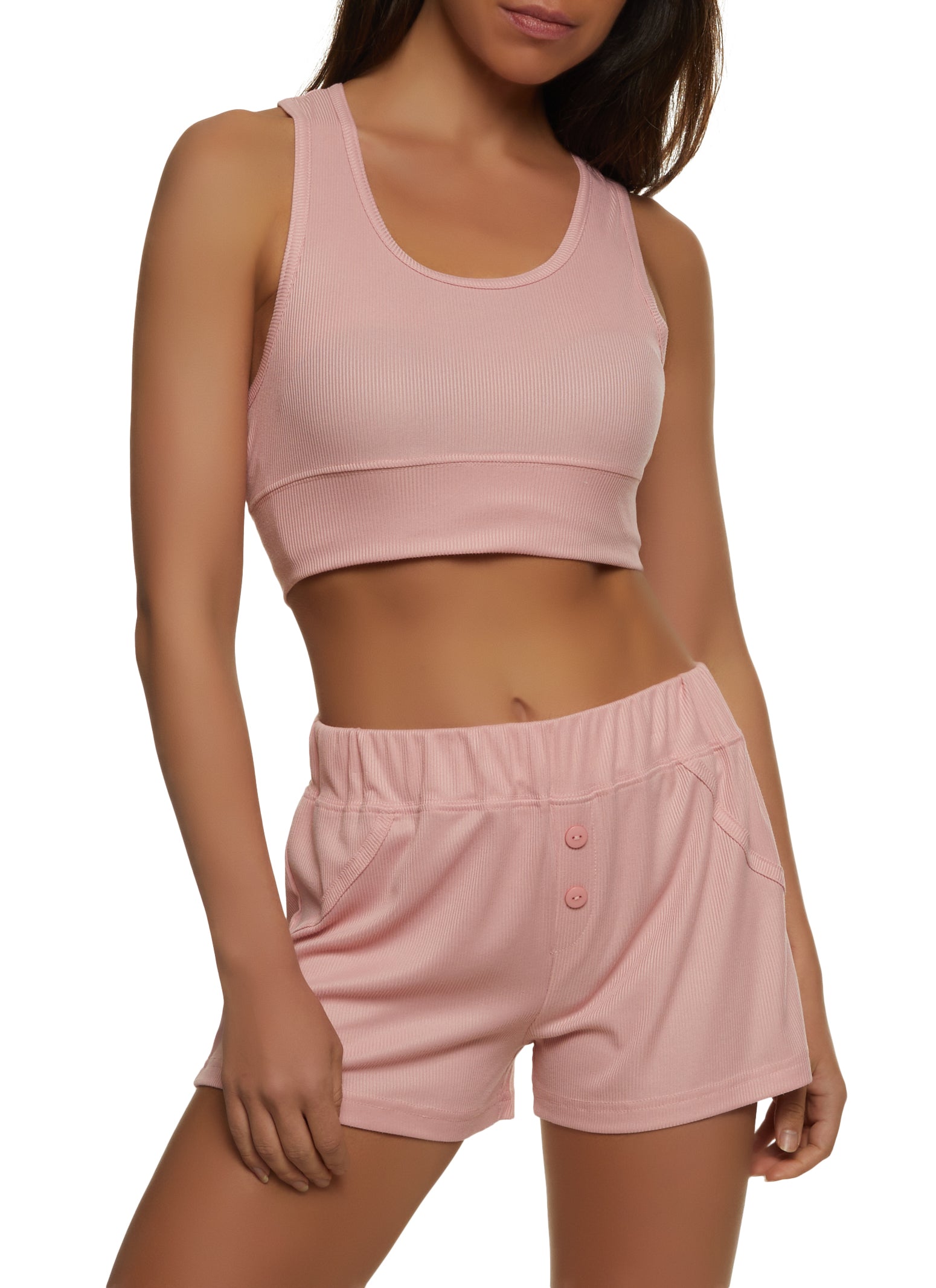 Womens Ribbed Knit Cropped Pajama Tank Top and Shorts,