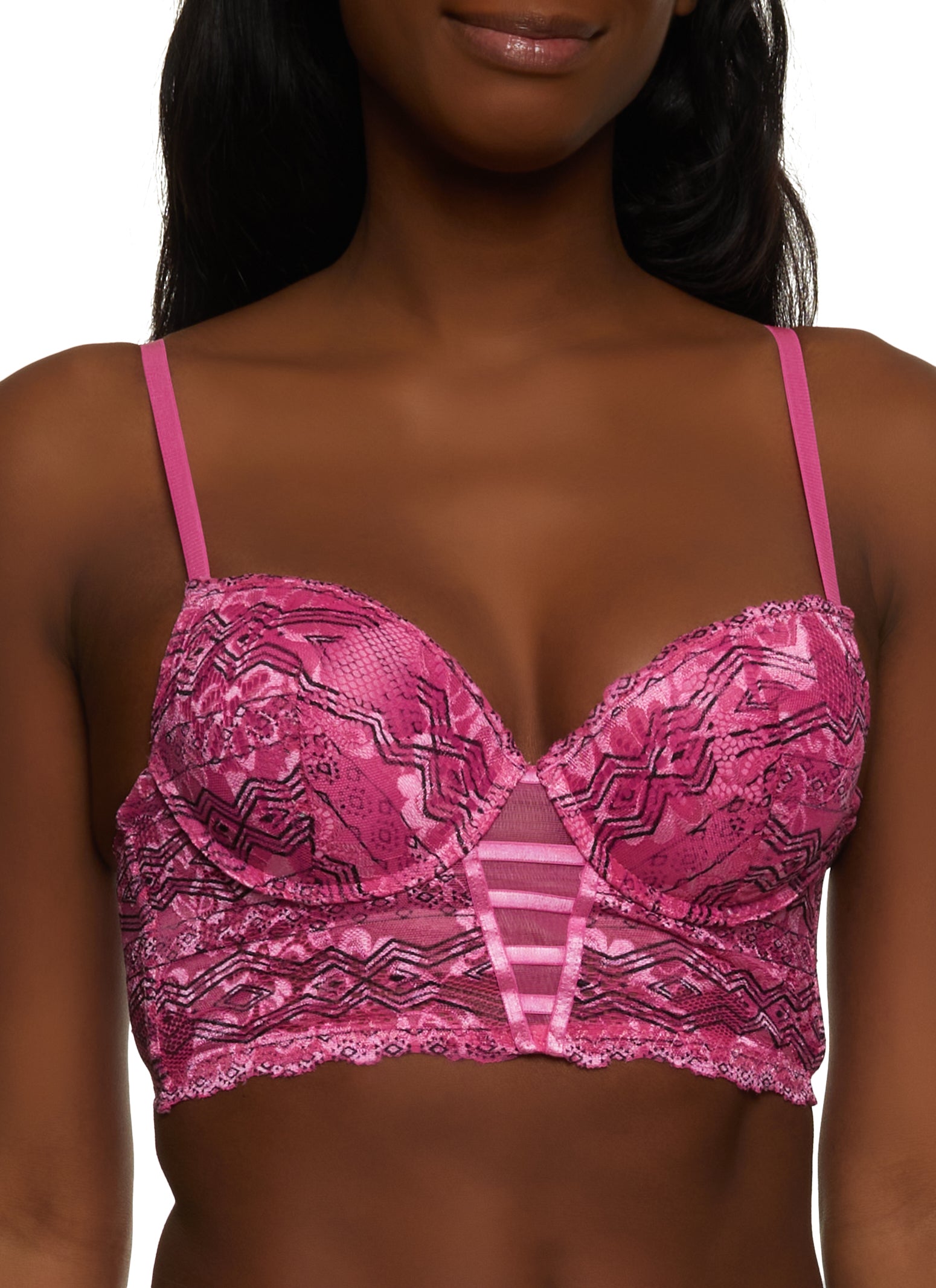 Rainbow Shops Womens Geo Print Caged Front Lace Longline Plunge Bra, Pink,  Size 38B
