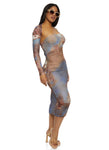 Mesh Long Sleeves One Shoulder General Print Bodycon Dress/Midi Dress