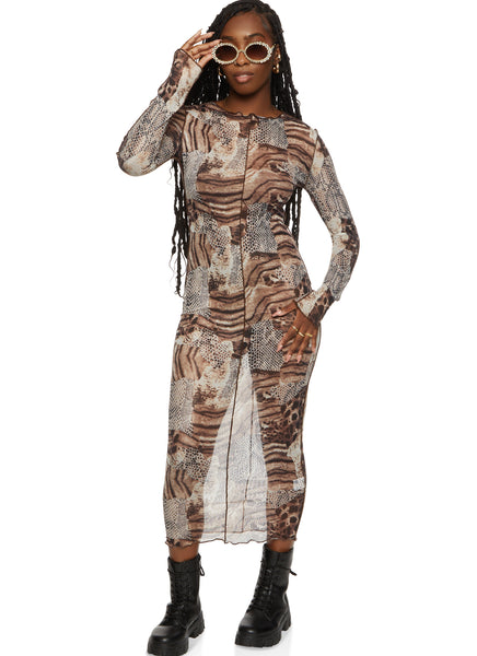High-Neck Long Sleeves Animal Print Sheer Mesh Bodycon Dress