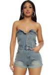 Strapless Denim Sleeveless Button Front Cutout Romper