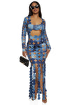 Denim Scoop Neck General Print Cutout Long Sleeves Maxi Dress