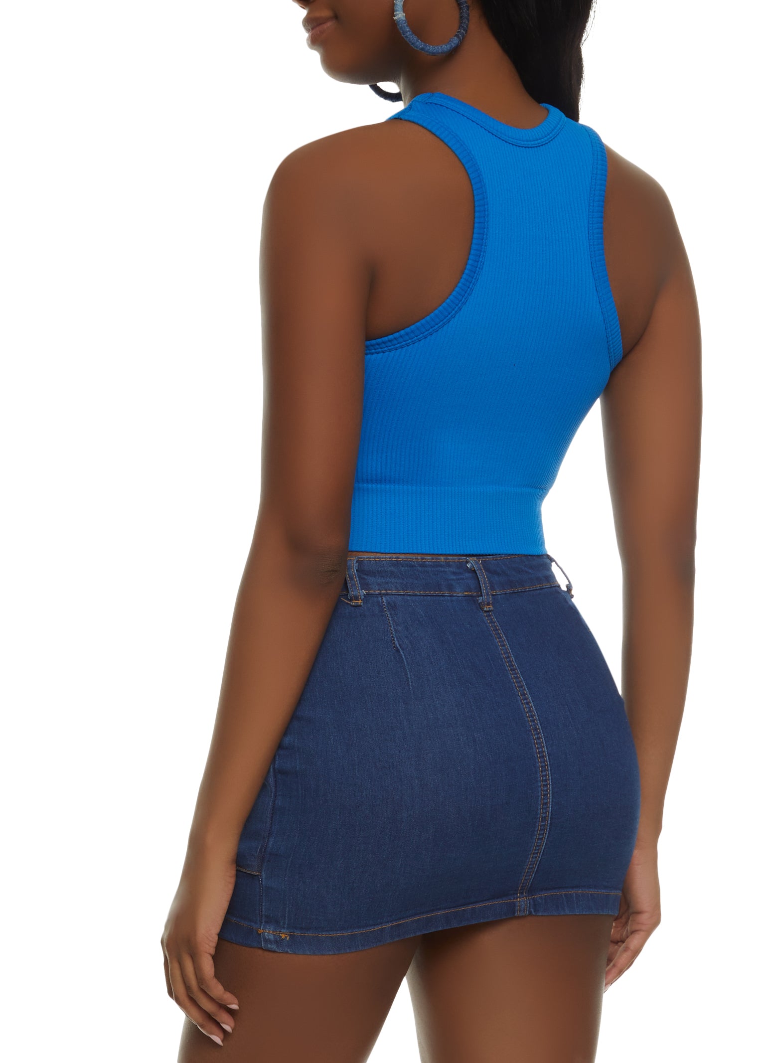 Womens Rib Knit Seamless Cropped Tank Top, Blue, Size M-L