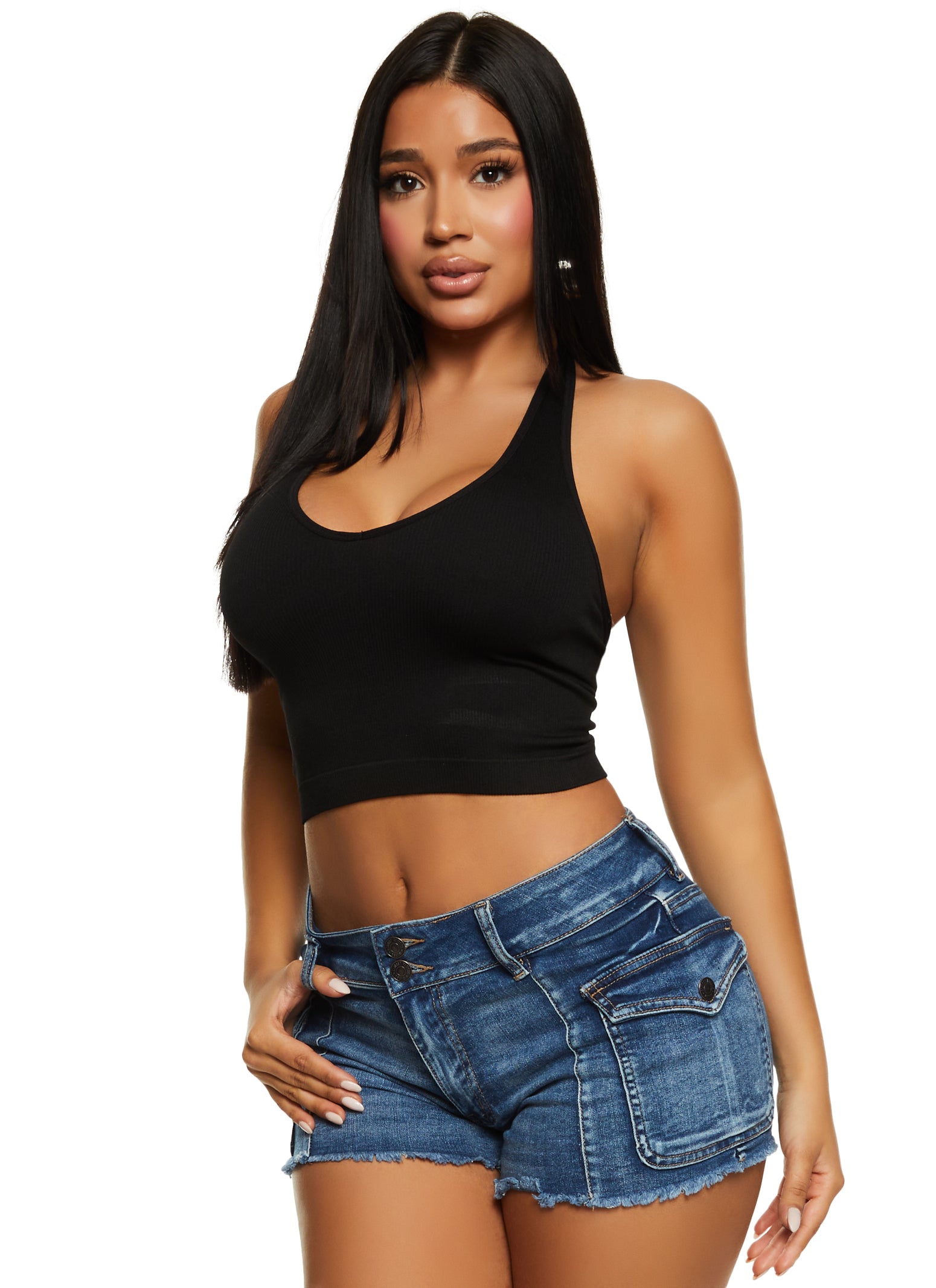 Womens Seamless Ribbed Knit Halter Top, L-XL