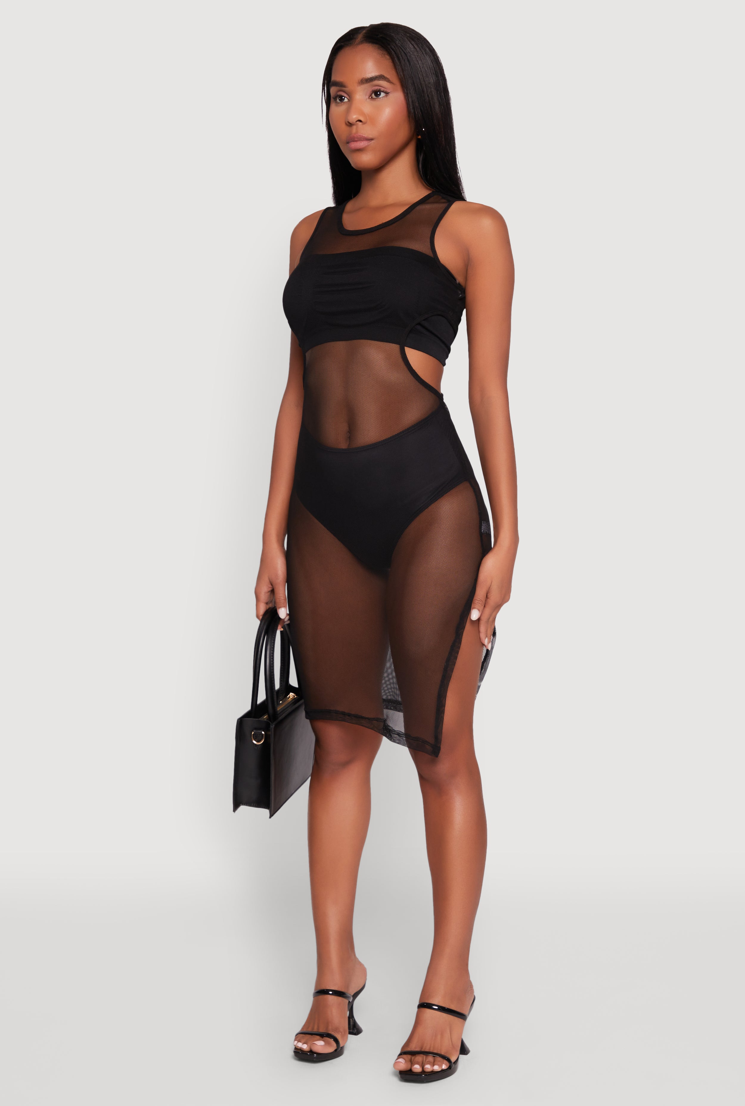 Womens Mesh Side Slit Cut Out Maxi Top,