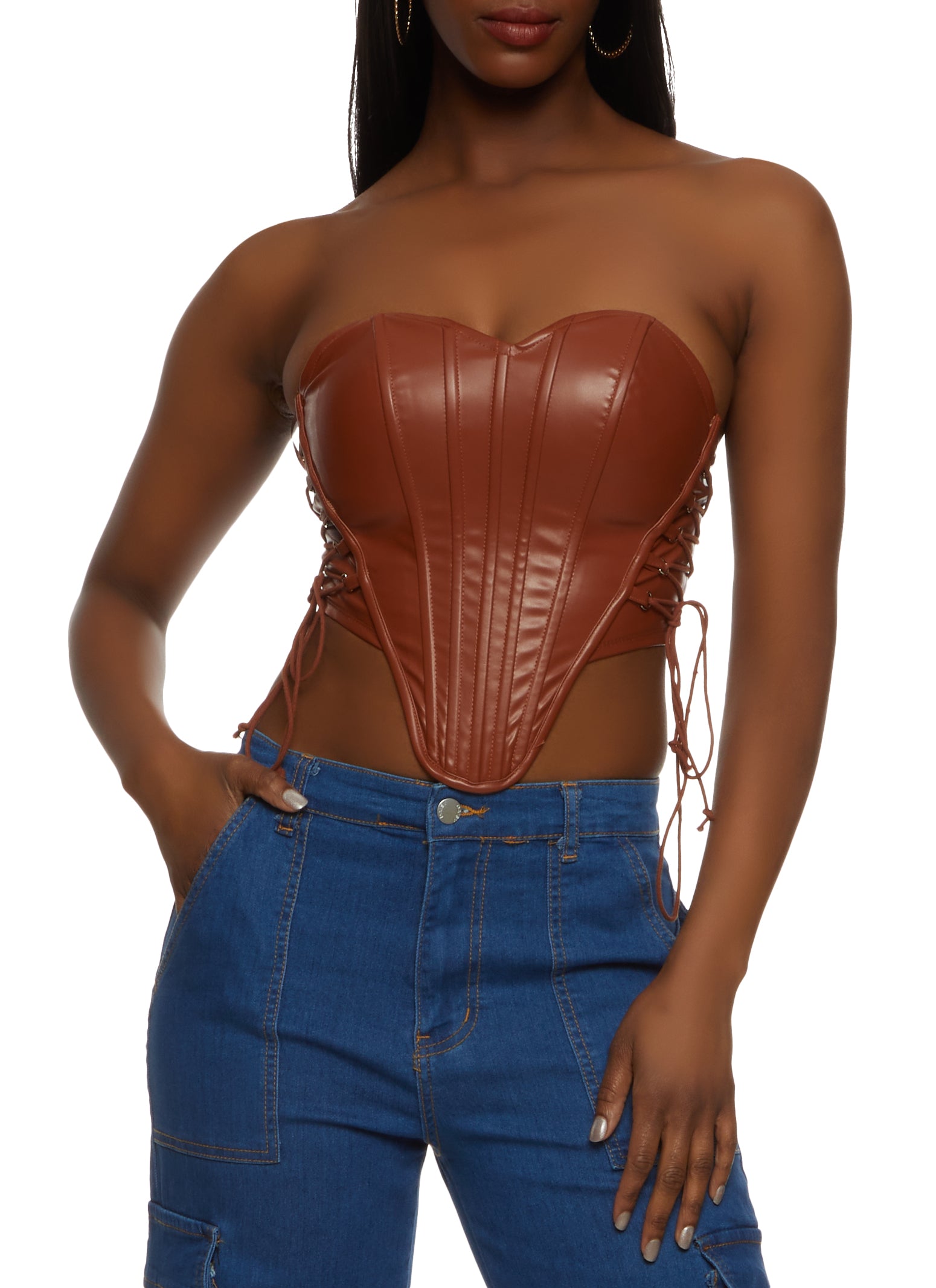 Womens Faux Leather Lace Up Corset Top, Brown, Size S