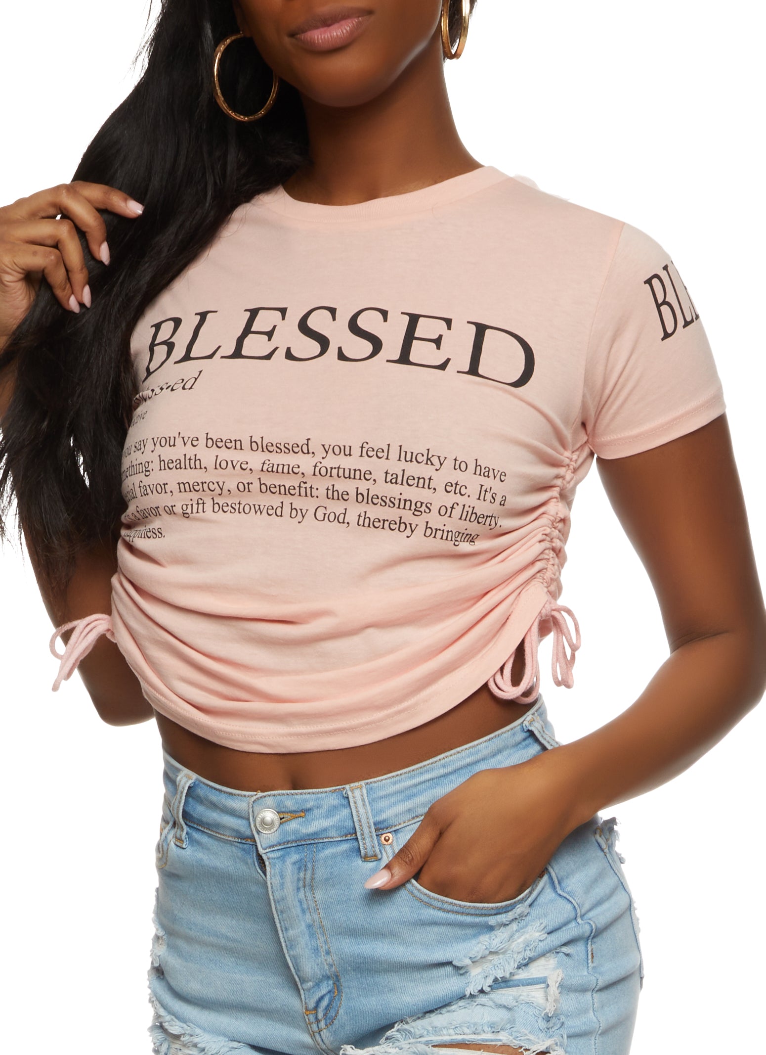Womens Blessed Ruched Graphic Crop Top, Pink, Size XL