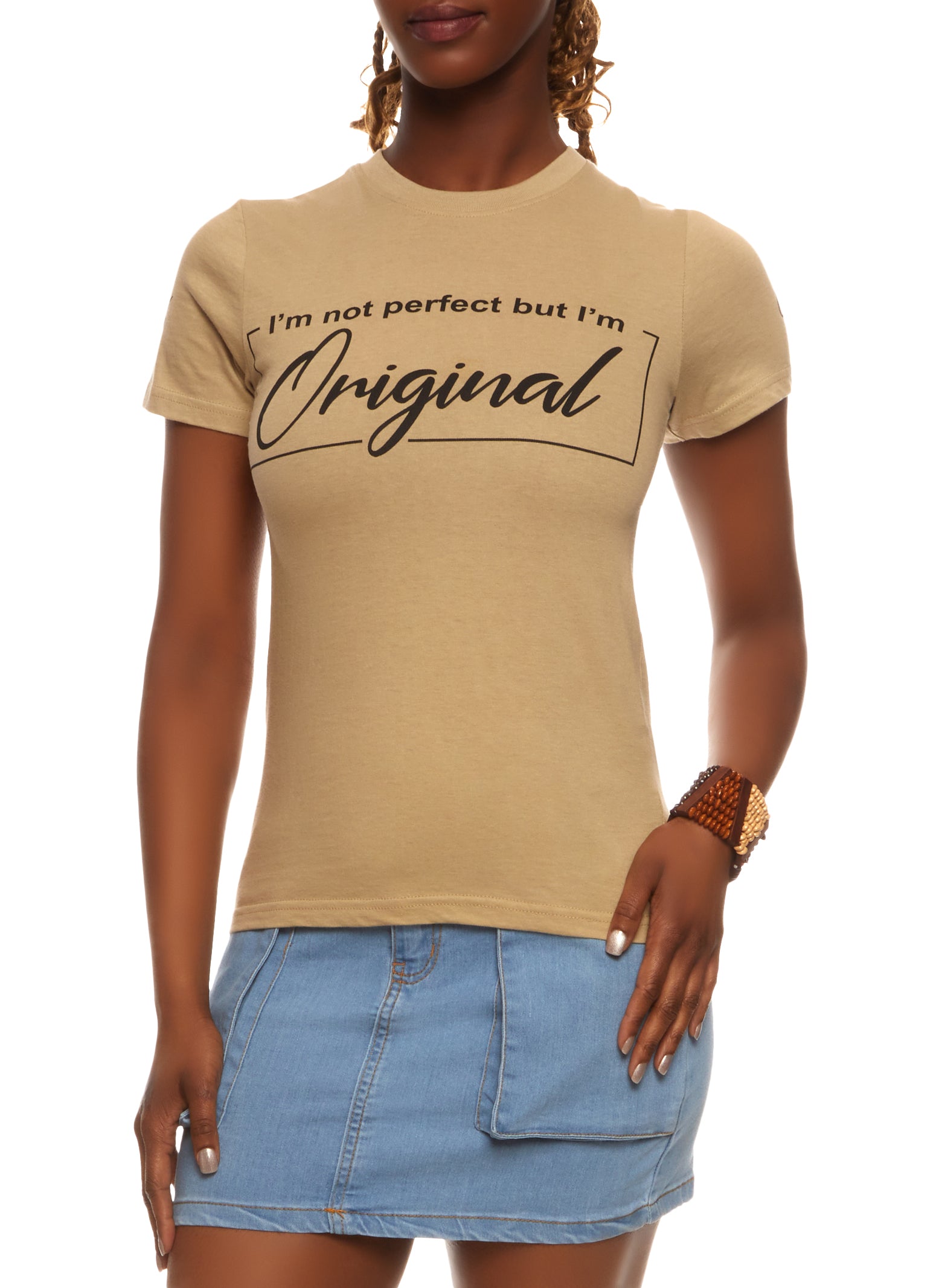 Womens Im Not Perfect But Im Original Graphic Tee, Beige, Size M